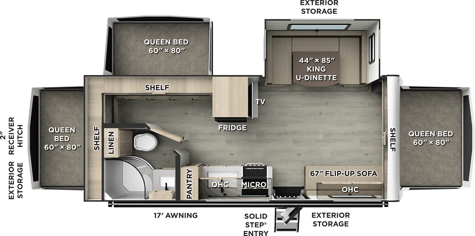 The Rockwood Roo 233S floorplan has one entry and one slide out. Exterior features include: fiberglass exterior and 17' awning. 